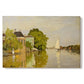 Canvas art print portraying colorful houses reflected in calm river surrounded by greenery, set against a white background