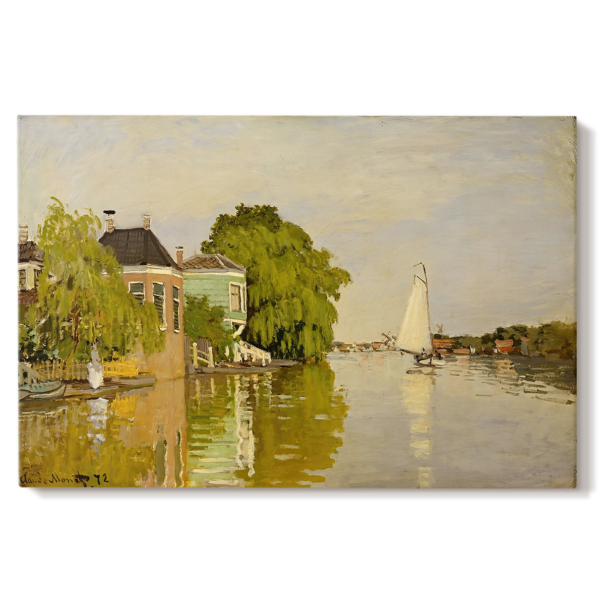 Canvas art print portraying colorful houses reflected in calm river surrounded by greenery, set against a white background