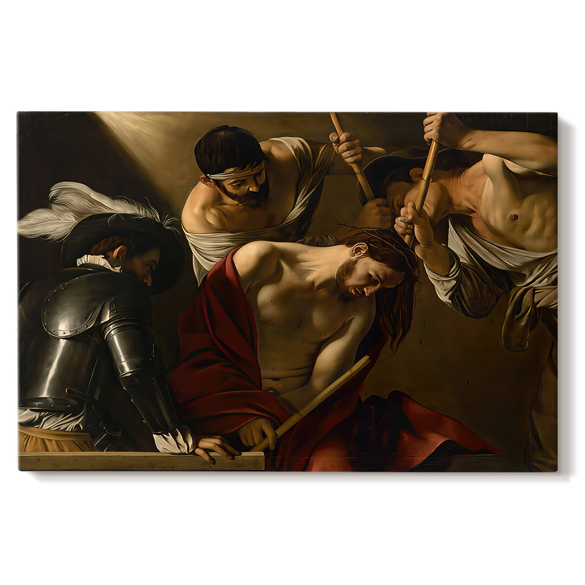 Canvas art print portraying Christ surrounded by men pressing crown of thorns onto his head, set against a white background