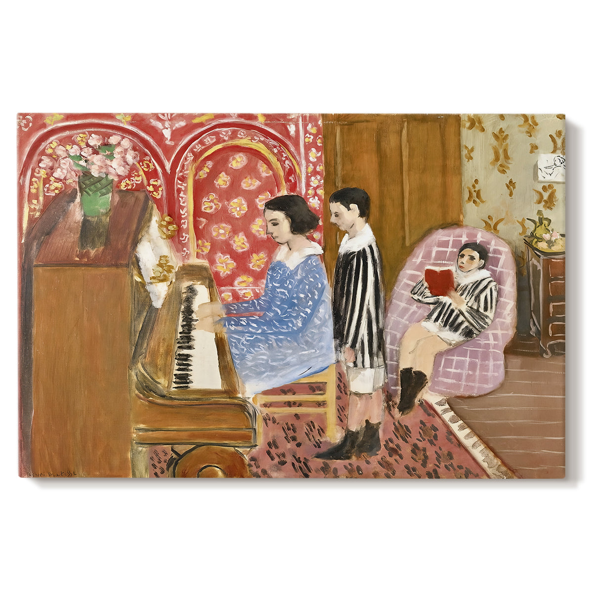 Canvas art print portraying an interior scene with figures around a piano, set against a white background