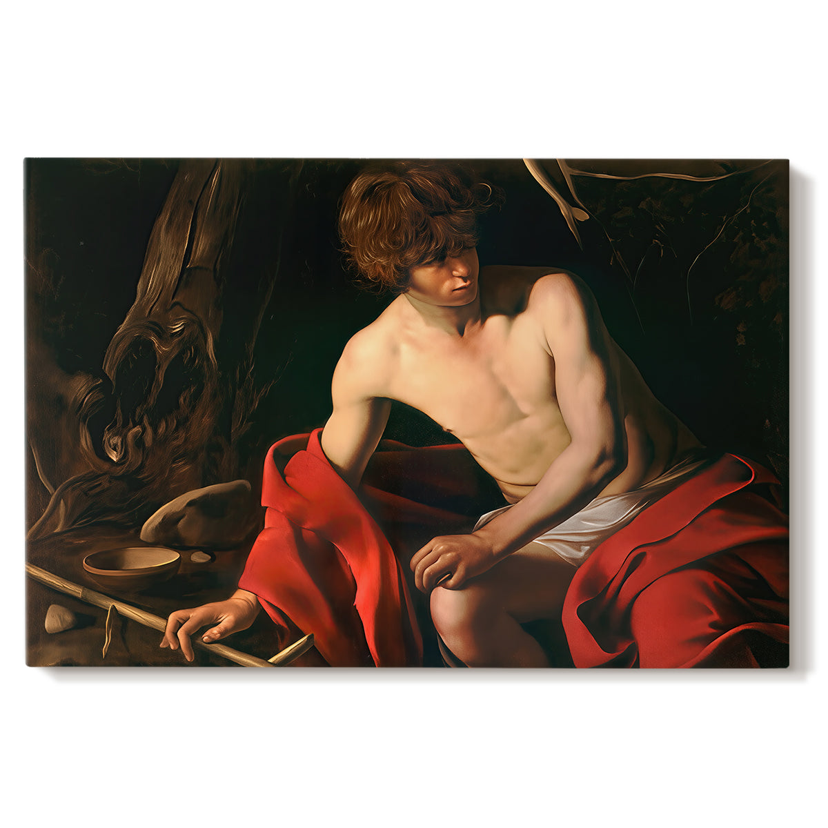Canvas art print portraying a young Saint John seated in wilderness with staff and red drapery, set against a white background