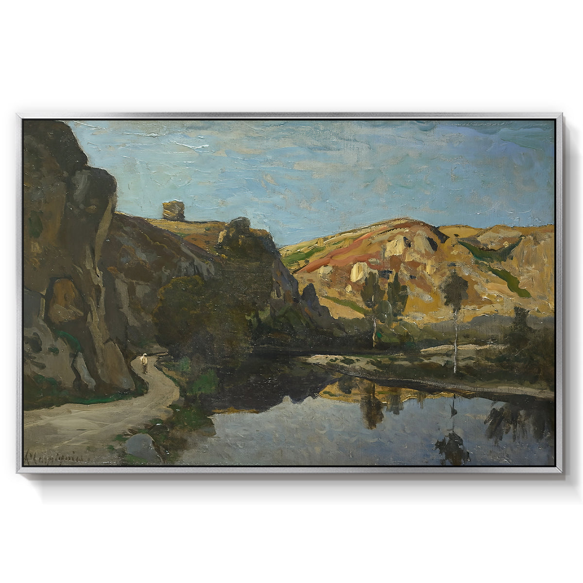 River Landscape with Cliffs, c. 1850-1860 - Floater Framed Canvas Print