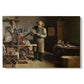 Canvas art print portraying a man working at printing table inside detailed workshop interior, set against a white background