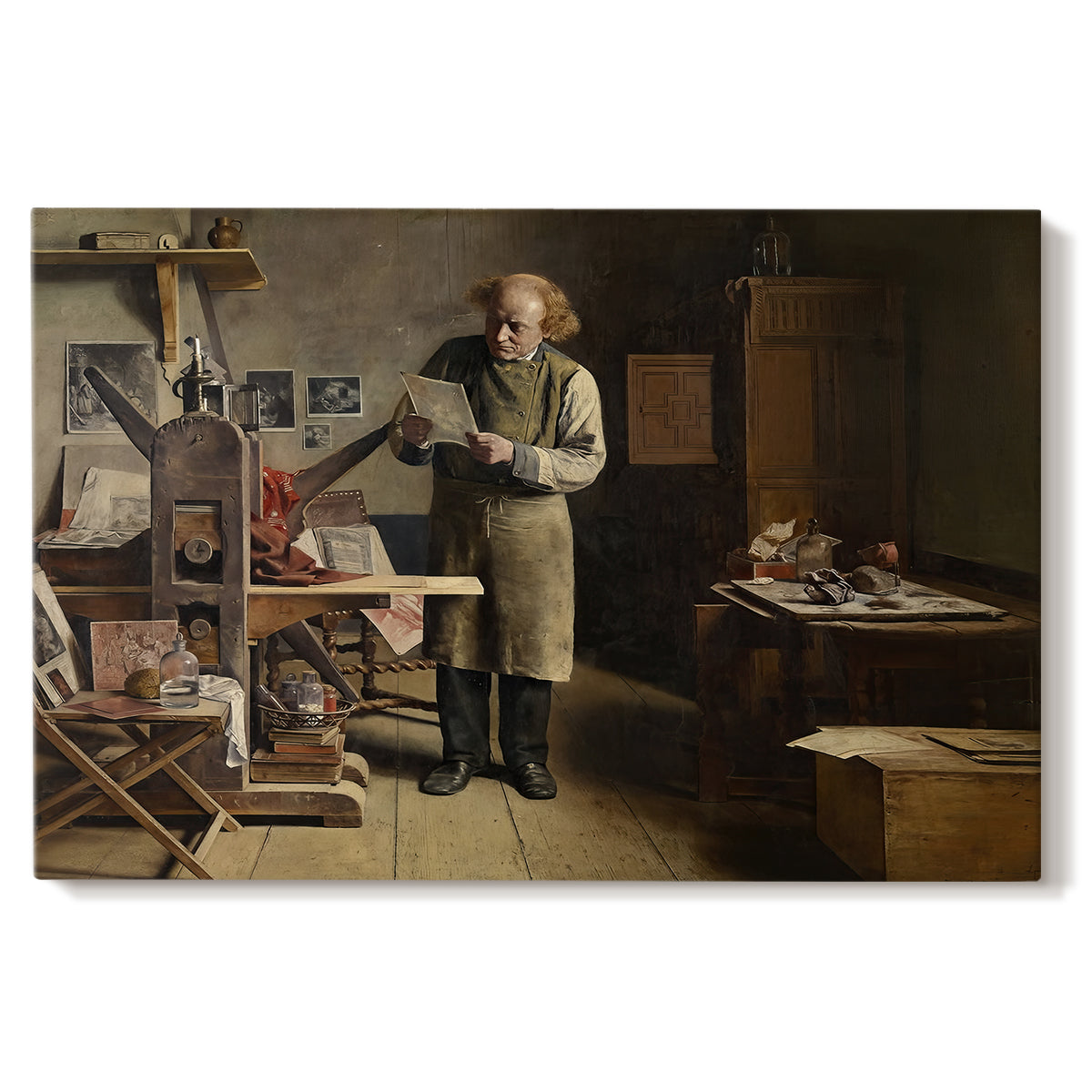 Canvas art print portraying a man working at printing table inside detailed workshop interior, set against a white background