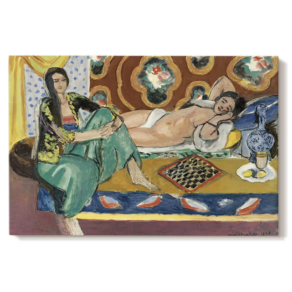 Canvas art print portraying two women seated indoors playing checkers in a colorful room, set against a white background