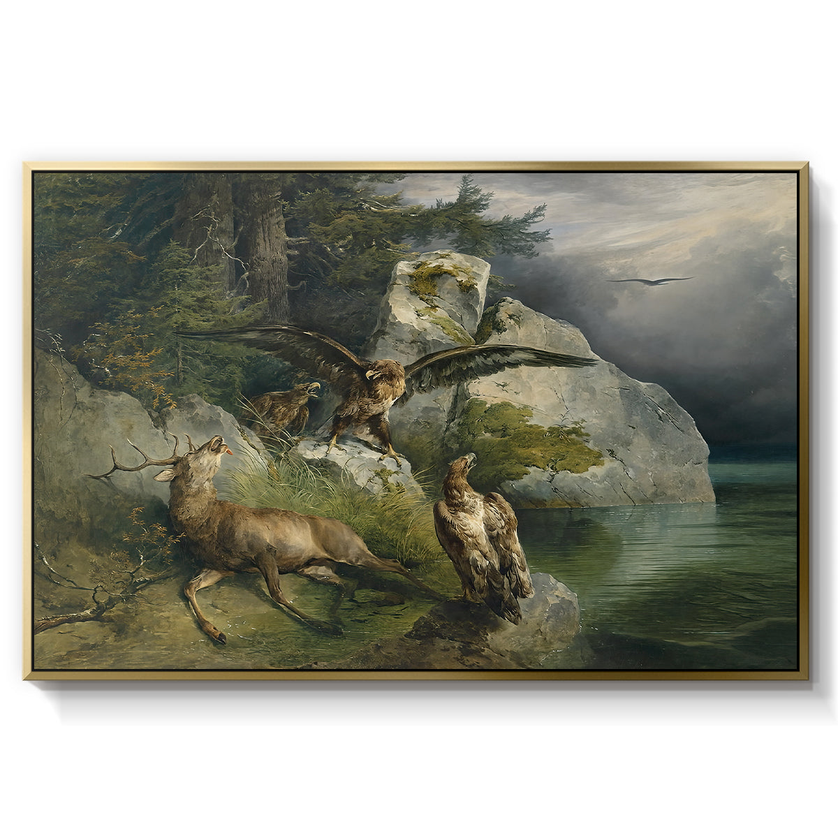 Eagles and Dying Stag on a Lakeshore, 1836 - Floater Framed Canvas Print