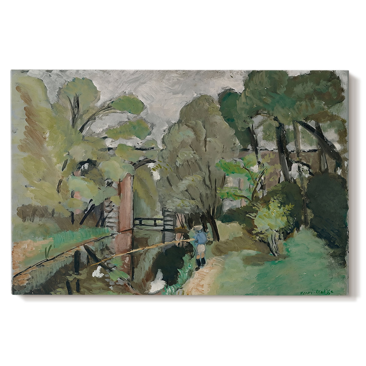 Canvas art print portraying a small figure in a green landscape near trees and buildings, set against a white background