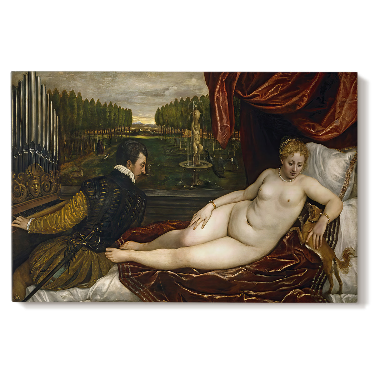 Canvas art print portraying a reclining nude woman with organist nearby and dog at foot of bed, set against a white background