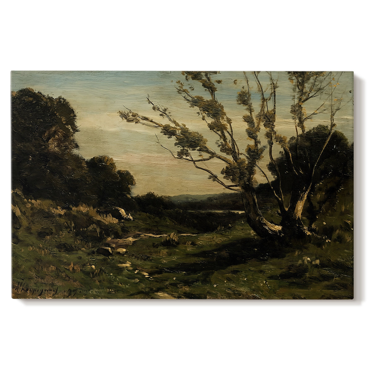 Canvas art print portraying an early morning landscape with trees and soft light over countryside, set against a white background