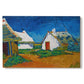 Canvas art print portraying white cottages grouped together with bold colors and surrounding landscape, set against a white background