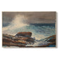 Canvas art print portraying waves rolling toward rocky shoreline with low buildings nearby, set against a white background