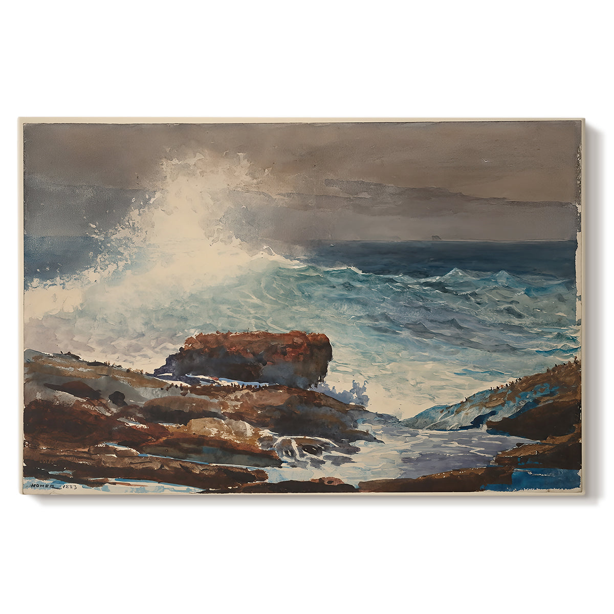Canvas art print portraying waves rolling toward rocky shoreline with low buildings nearby, set against a white background