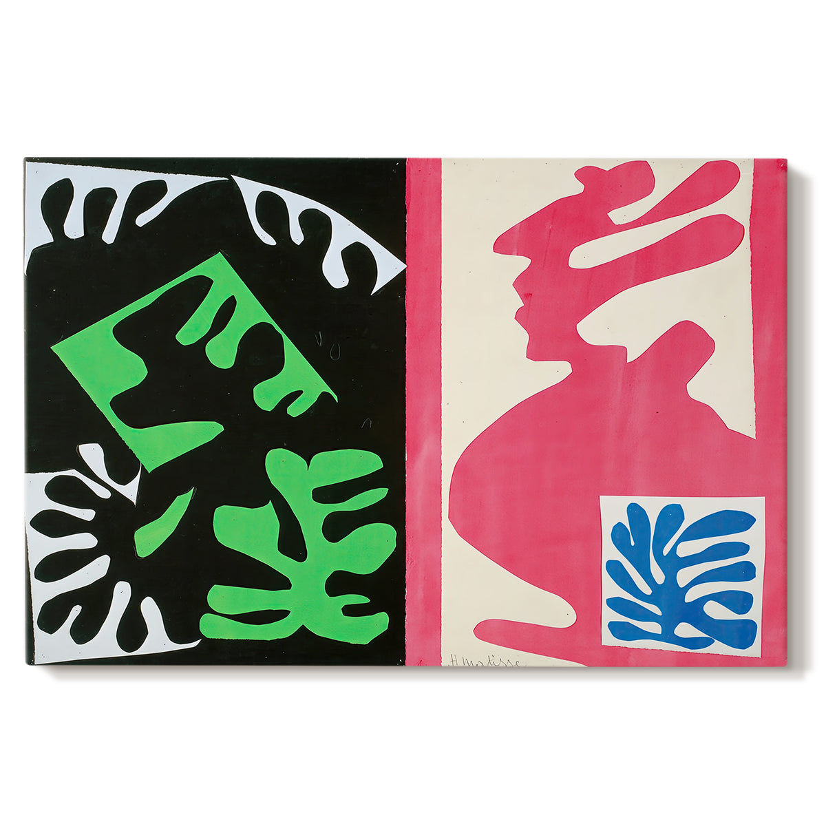Canvas art print portraying an abstract collage of bold black and red shapes in dynamic arrangement, set against a white background