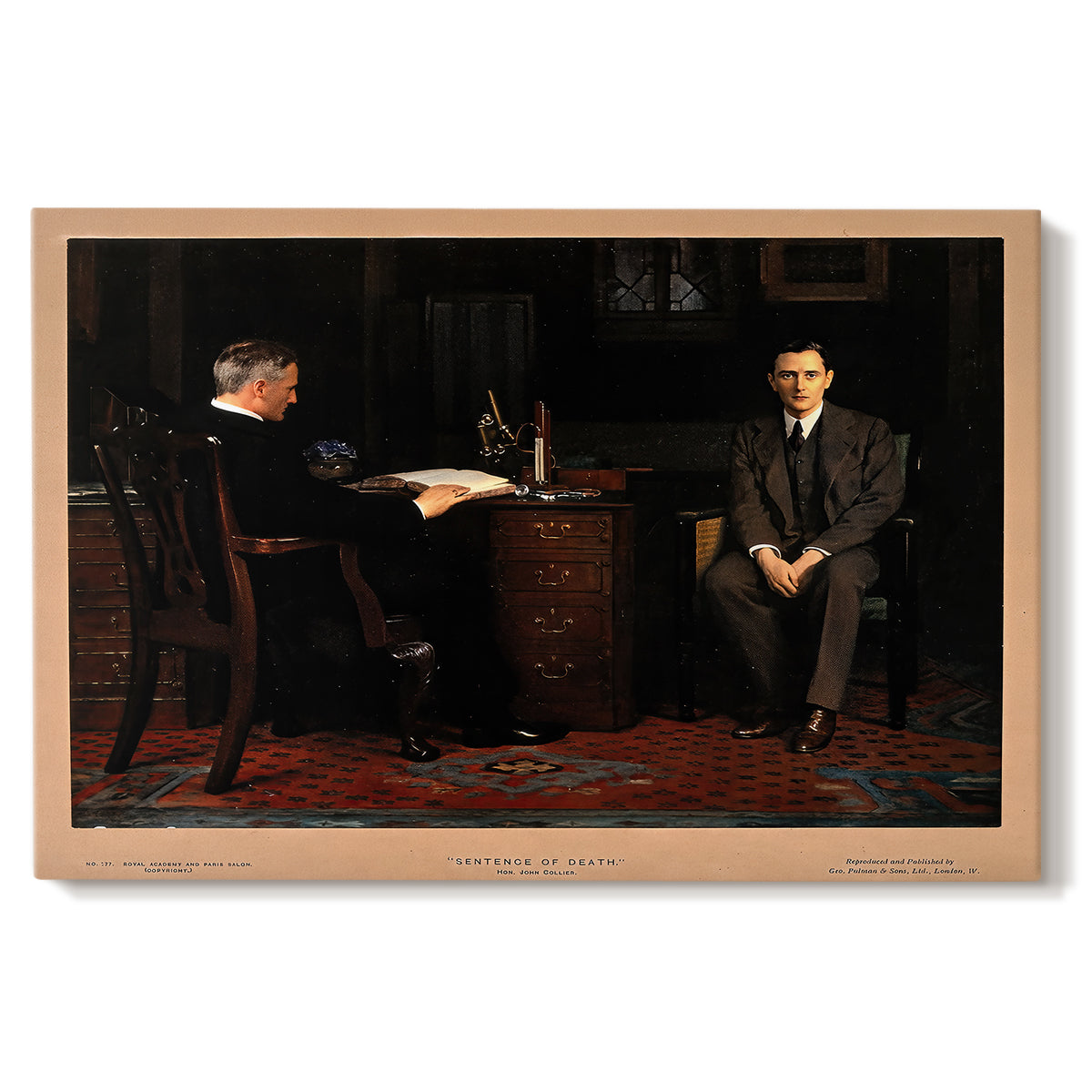 Canvas art print portraying a group of figures gathered indoors around central figure, set against a white background