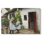 Canvas art print portraying a woman and child standing outside farmhouse searching for missing kitten, set against a white background