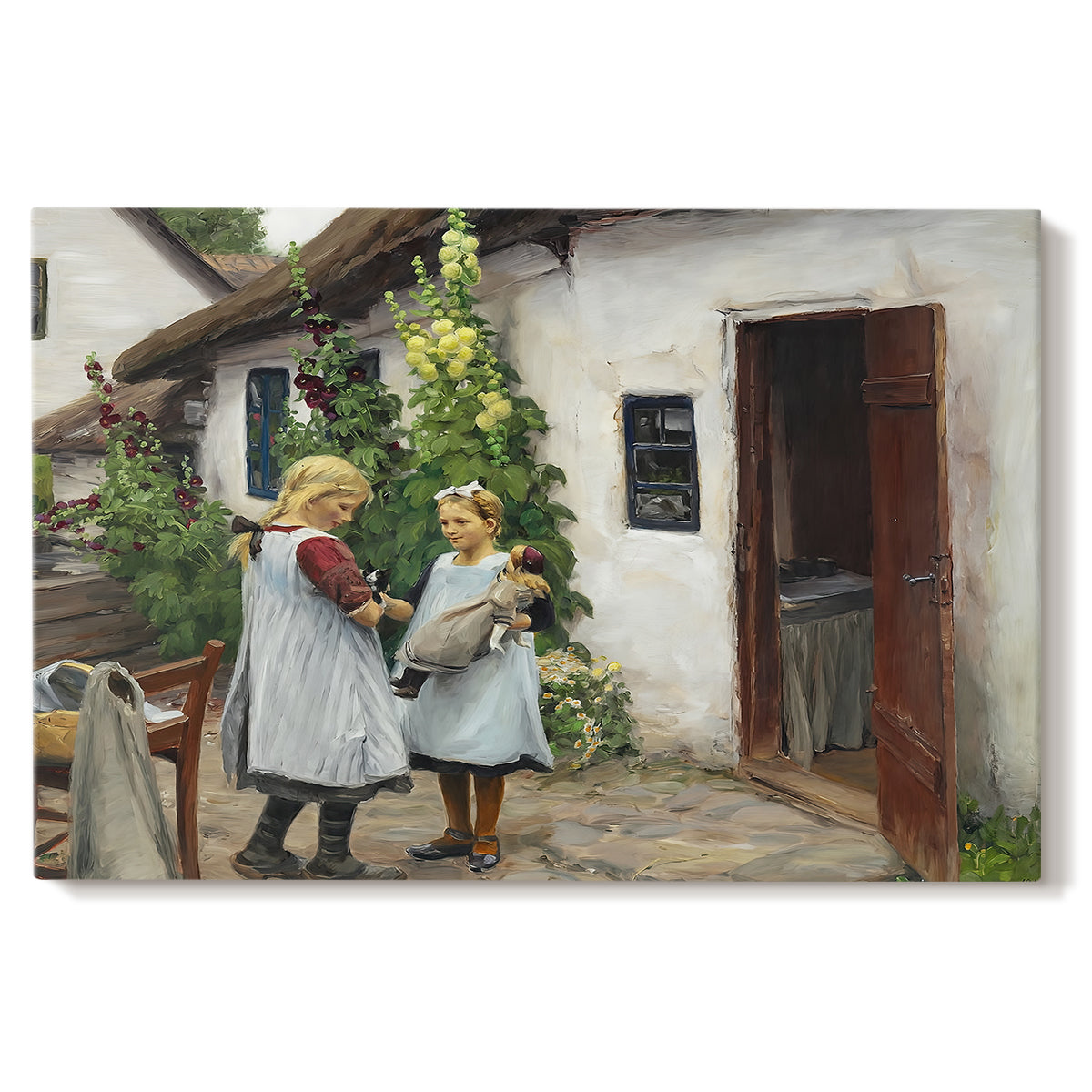 Canvas art print portraying a woman and child standing outside farmhouse searching for missing kitten, set against a white background