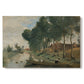 Canvas art print portraying a quiet rural landscape with trees and open terrain under muted sky, set against a white background