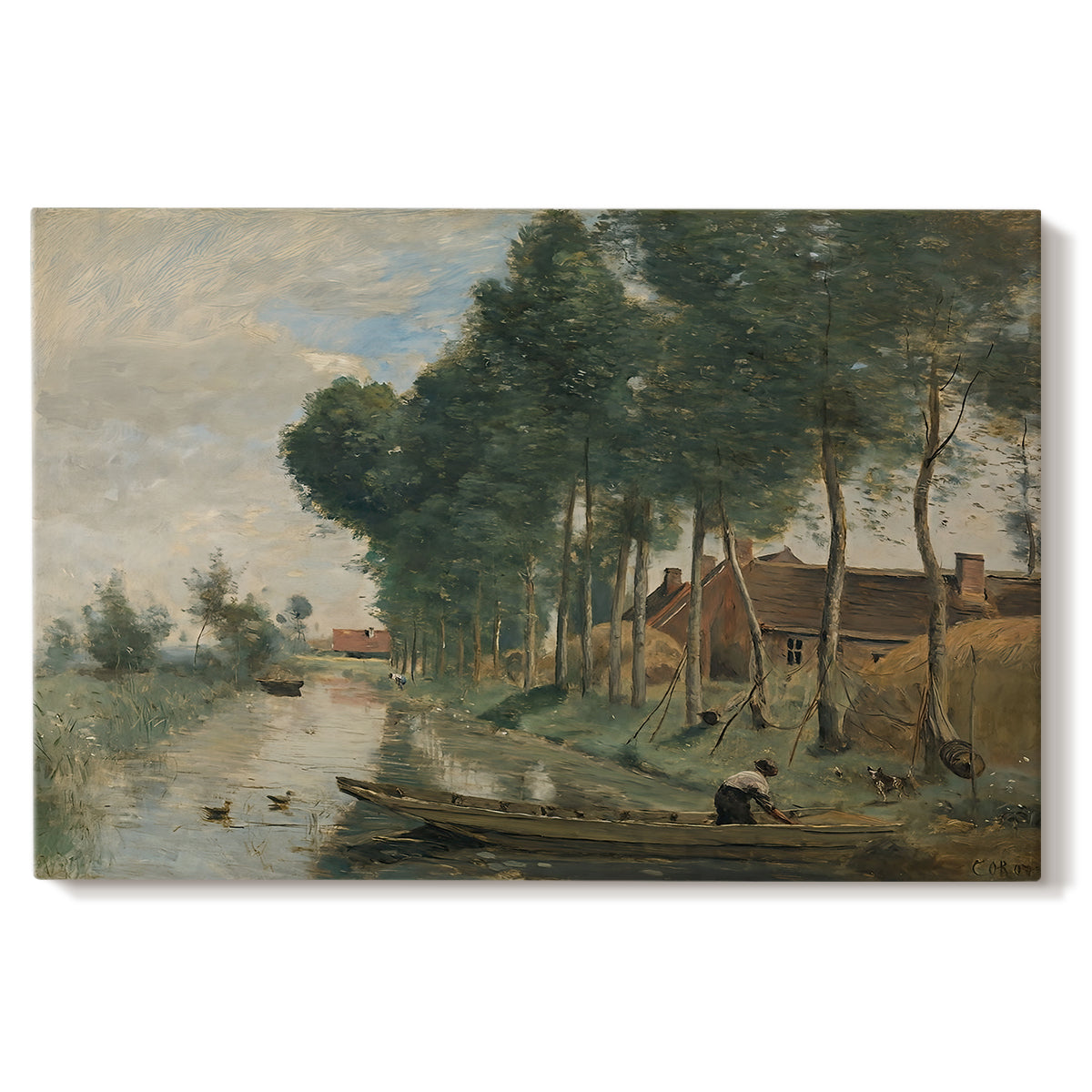 Canvas art print portraying a quiet rural landscape with trees and open terrain under muted sky, set against a white background