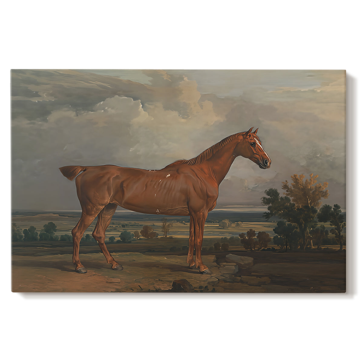 Canvas art print portraying a mounted hunter on horseback in open countryside landscape, set against a white background