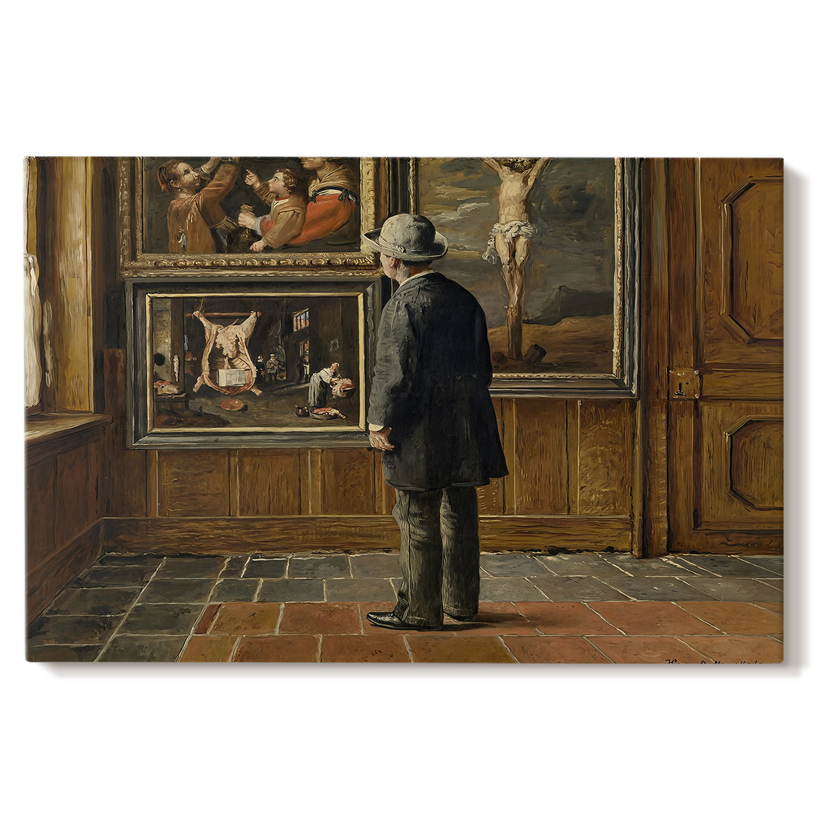 Canvas art print portraying a figure standing indoors closely examining framed artwork on wall, set against a white background
