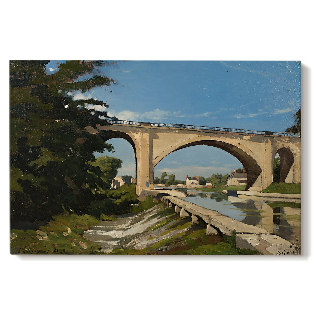 Canvas art print portraying an arched bridge spanning river with structure reflected in water, set against a white background