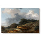 Canvas art print portraying a pastoral landscape with figures and animals gathered near water, set against a white background
