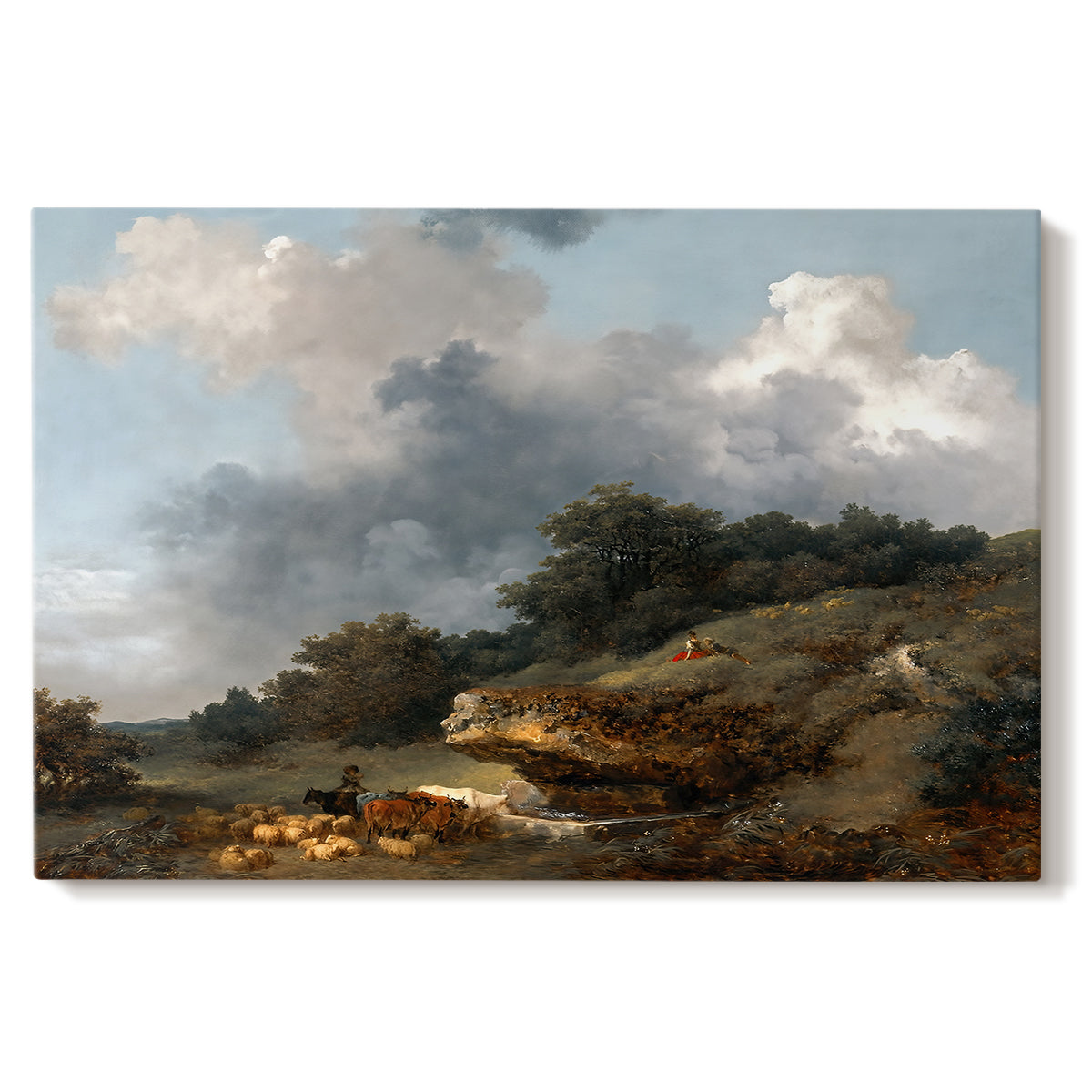 Canvas art print portraying a pastoral landscape with figures and animals gathered near water, set against a white background