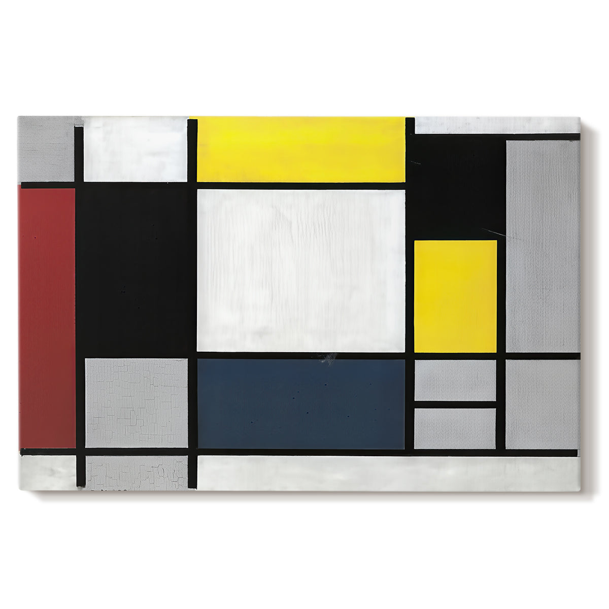Canvas art print portraying a grid of rectangles with primary colors and black lines, set against a white background