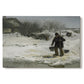 Canvas art print portraying figures walking along snowy path in winter landscape with wind and cold atmosphere, set against a white background