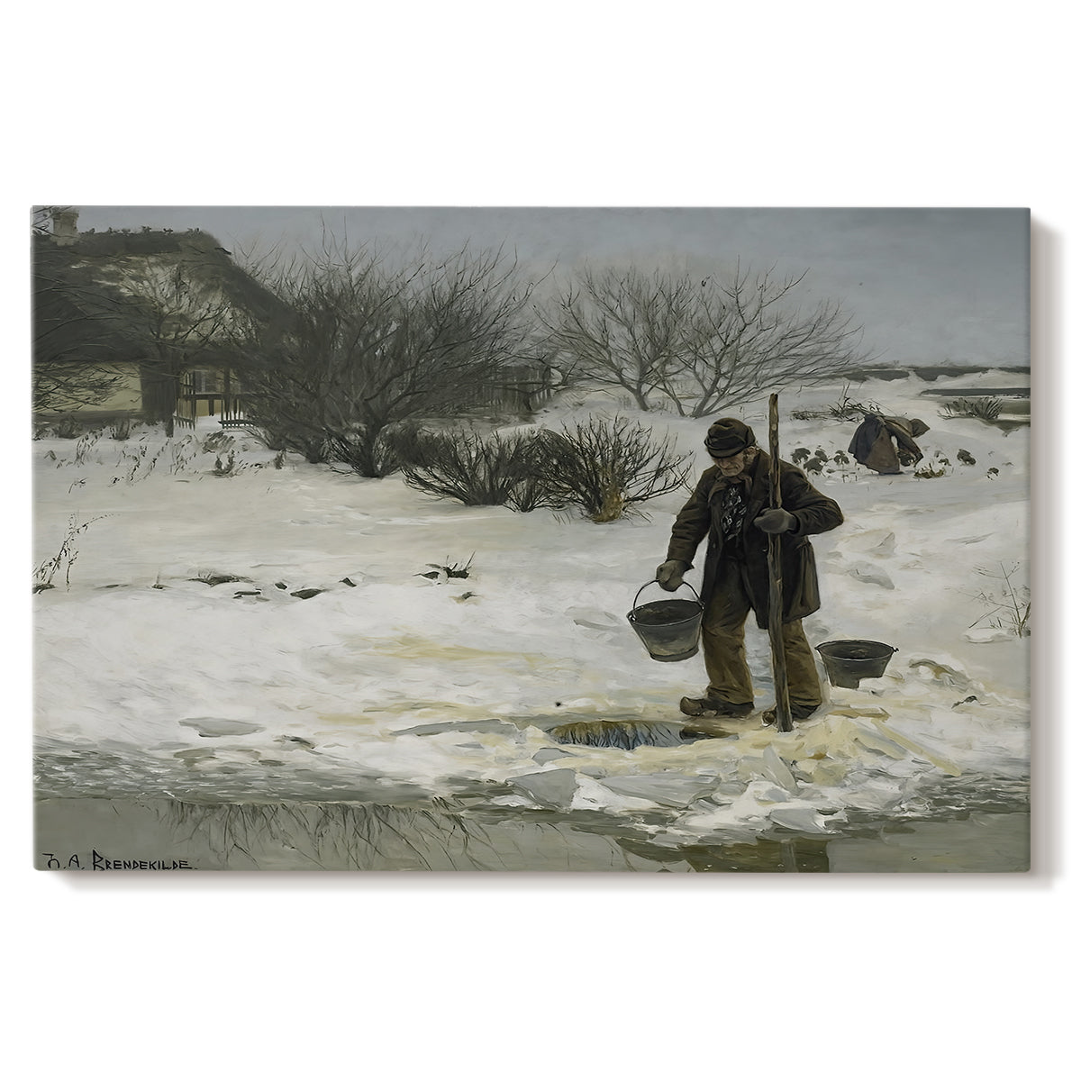 Canvas art print portraying figures walking along snowy path in winter landscape with wind and cold atmosphere, set against a white background