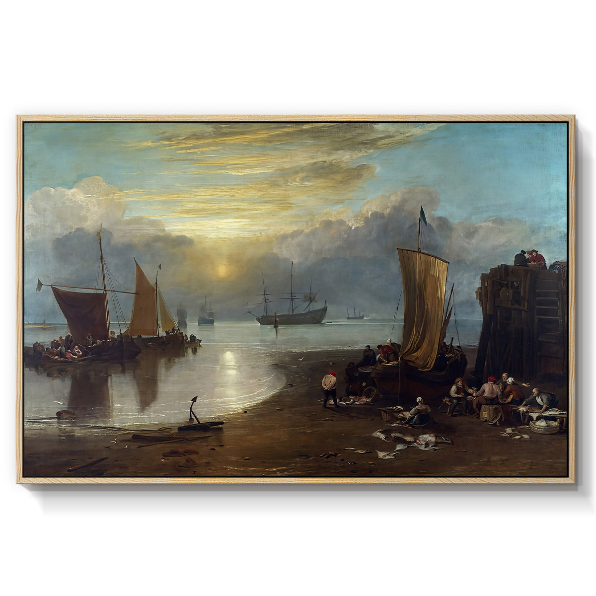 Sun Rising through Vapour: Fishermen Cleaning and Selling Fish, c. 1807 - Floater Framed Canvas Print