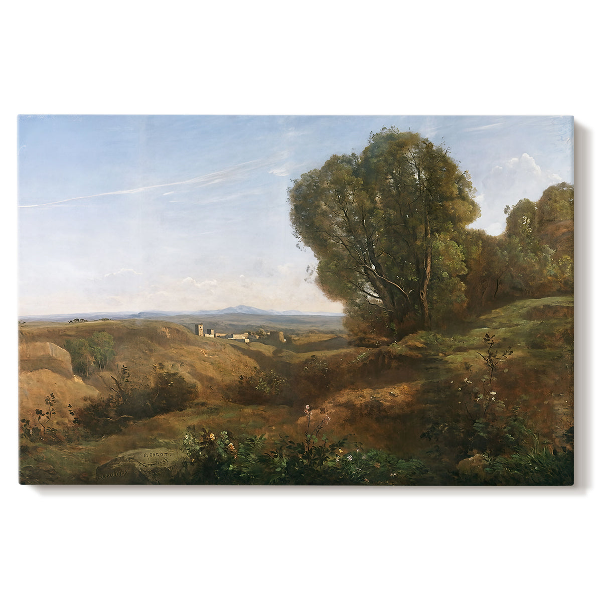 Canvas art print portraying a peaceful landscape with trees and distant horizon under soft light, set against a white background