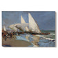 Canvas art print portraying boats and figures gathered along busy beach with sails and water, set against a white background