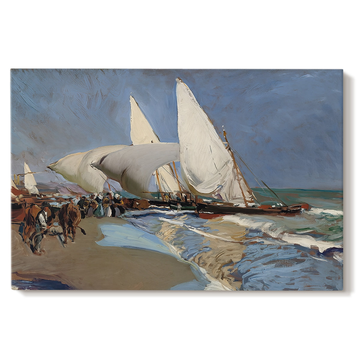 Canvas art print portraying boats and figures gathered along busy beach with sails and water, set against a white background