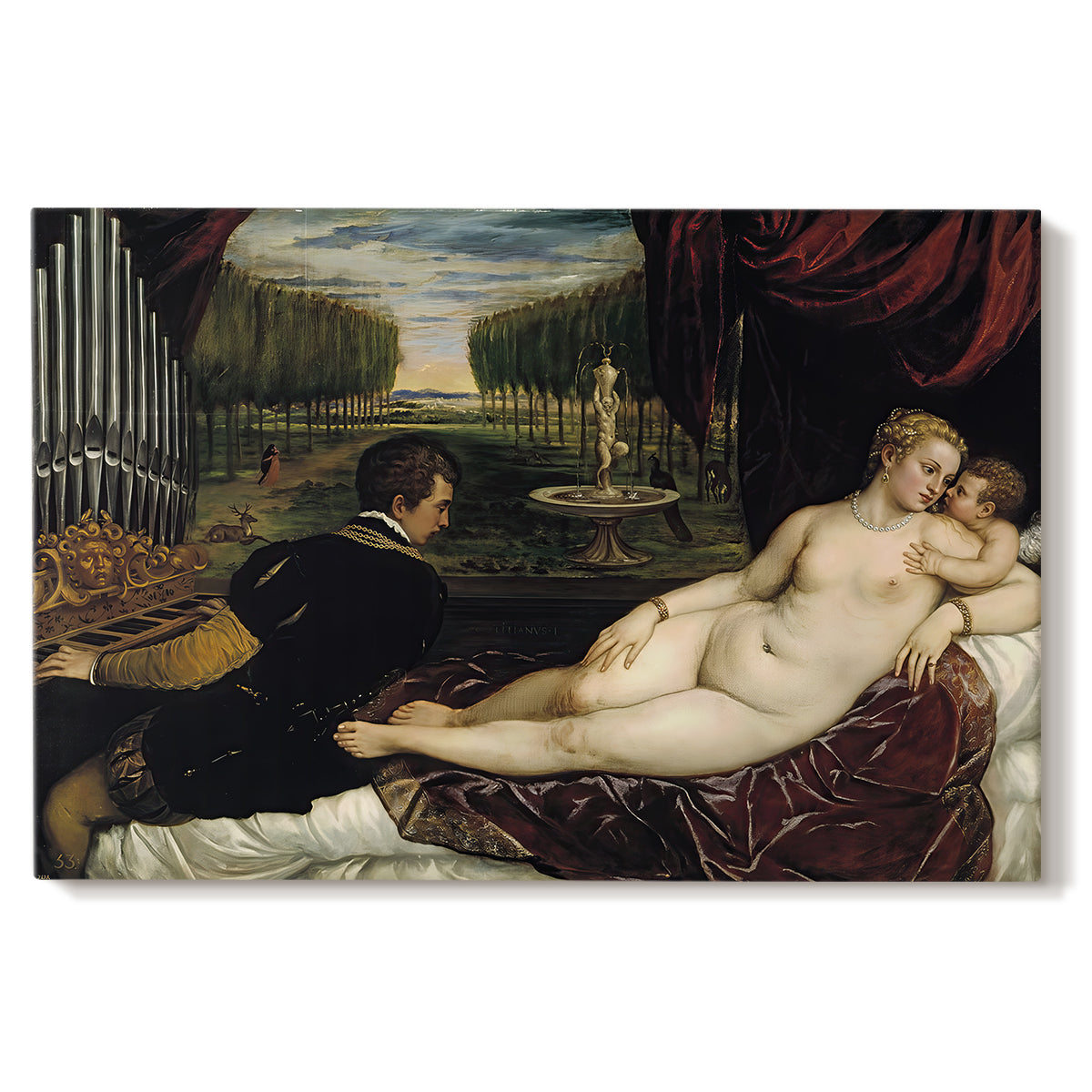 Canvas art print portraying a reclining Venus with seated organist and Cupid in rich interior setting, set against a white background