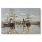 Canvas art print portraying large ships docked along the Seine with masts rising against soft sky, set against a white background