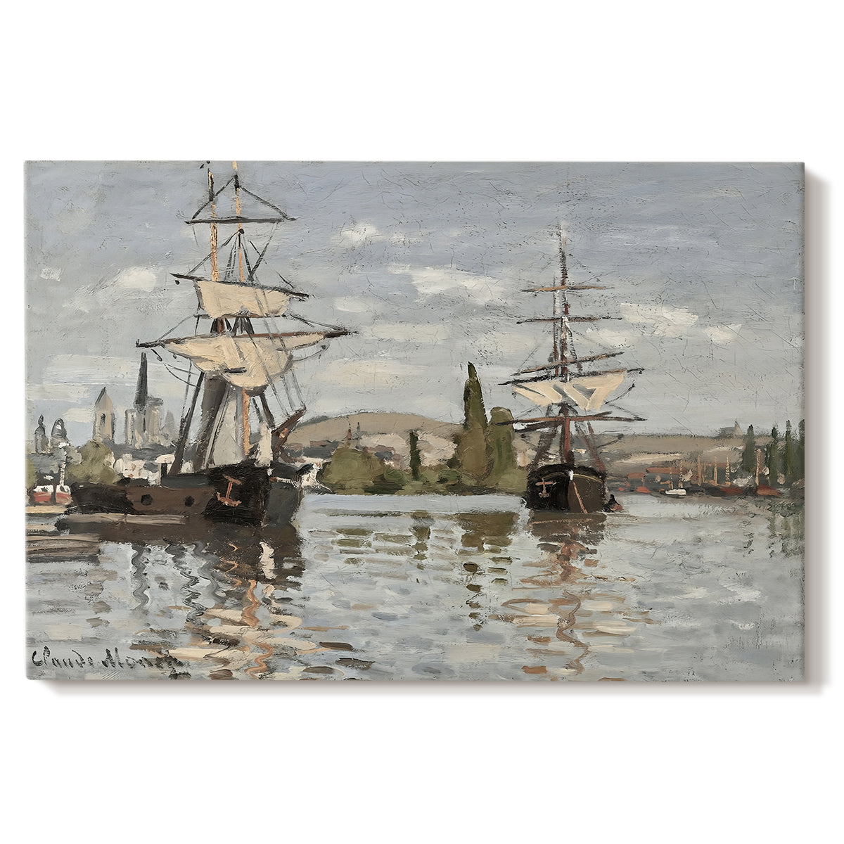 Canvas art print portraying large ships docked along the Seine with masts rising against soft sky, set against a white background