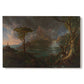 Canvas art print portraying a rugged natural landscape with dense trees and flowing water under dramatic sky, set against a white background