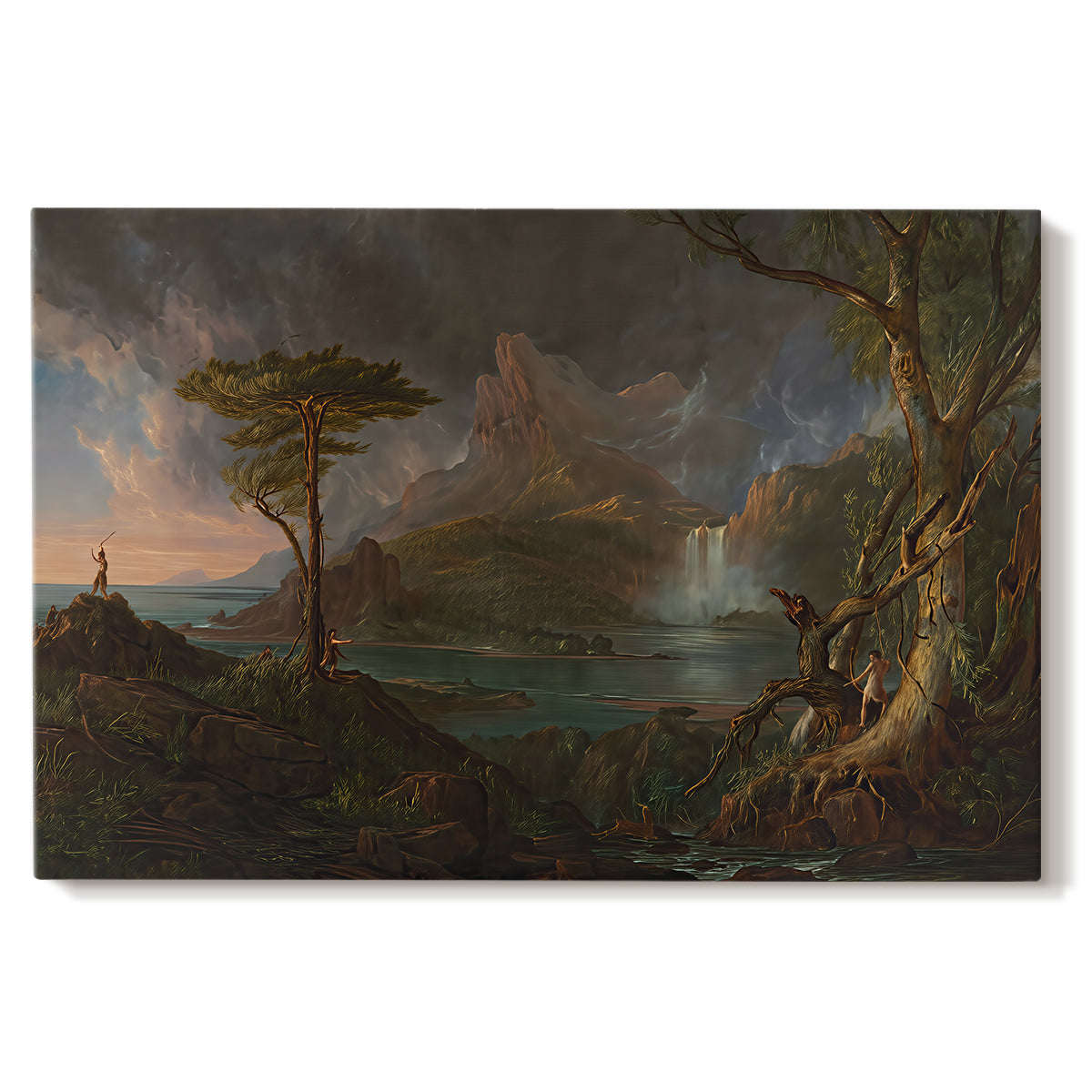 Canvas art print portraying a rugged natural landscape with dense trees and flowing water under dramatic sky, set against a white background