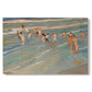 Canvas art print portraying children playing along shoreline with waves and wet sand, set against a white background