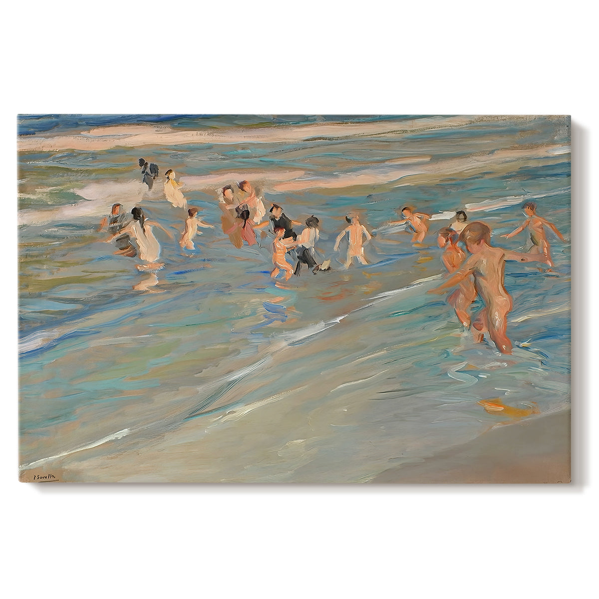Canvas art print portraying children playing along shoreline with waves and wet sand, set against a white background