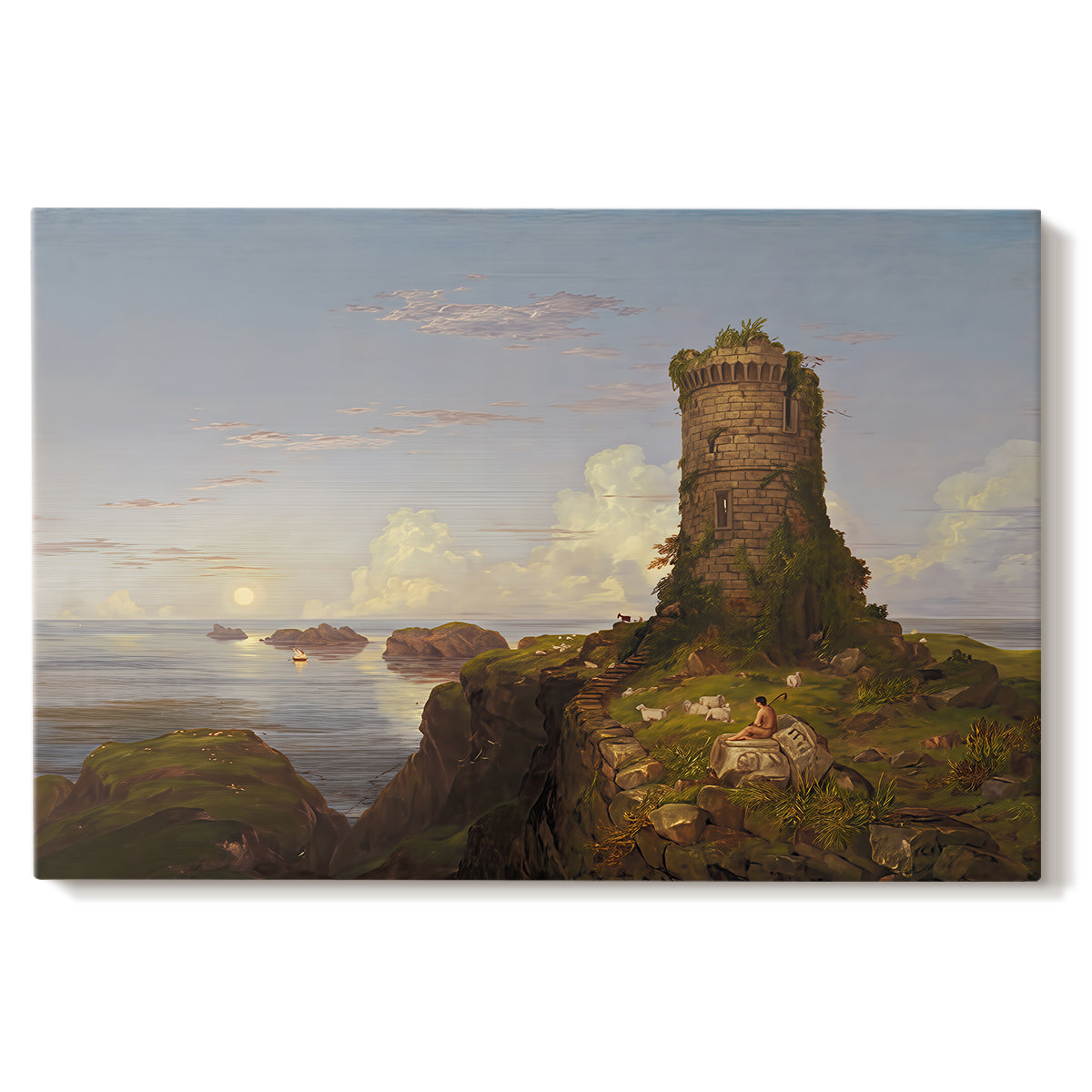 Canvas art print portraying a coastal landscape with ruined tower overlooking sea, set against a white background