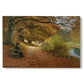 Canvas art print portraying figures walking along forest path covered in autumn leaves, set against a white background