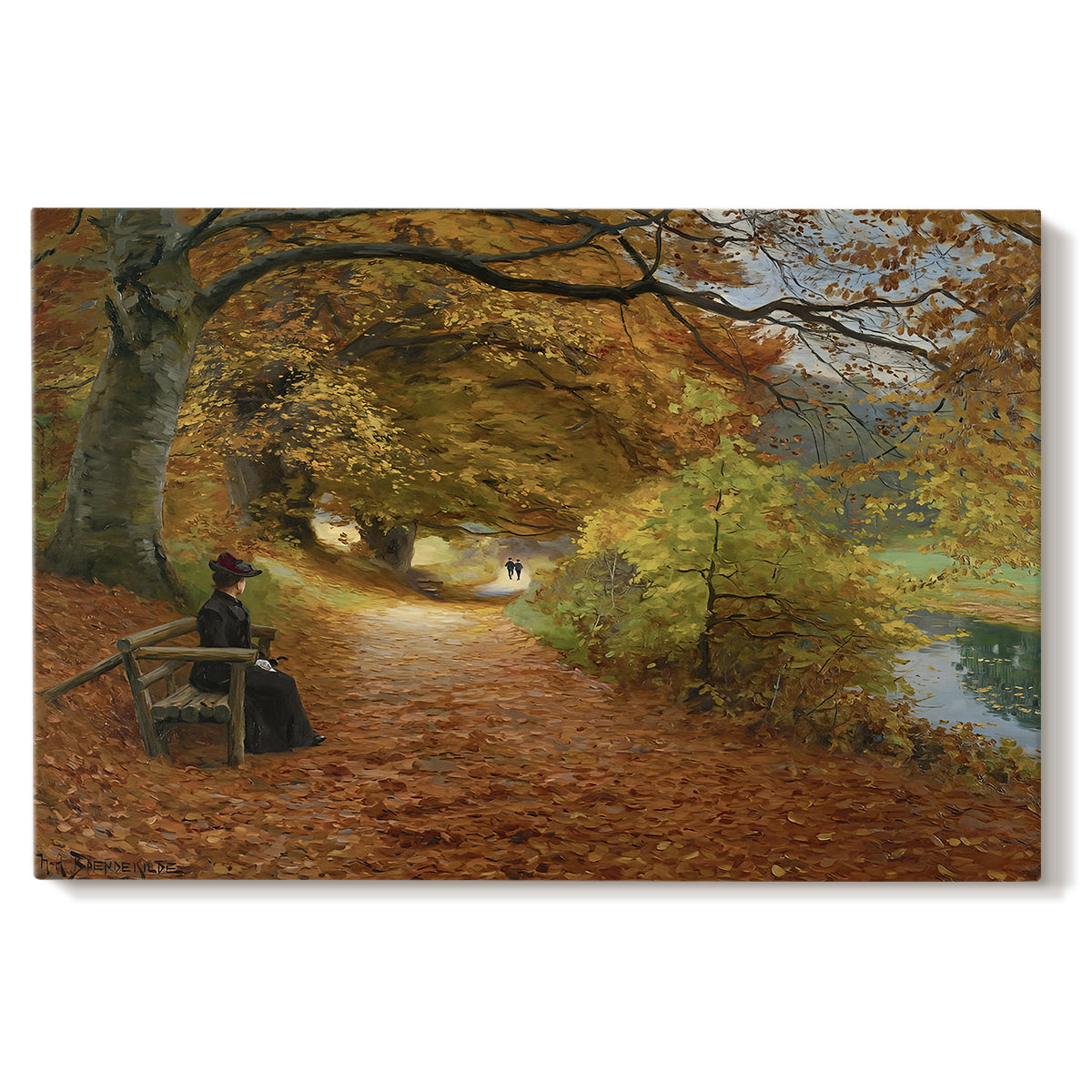 Canvas art print portraying figures walking along forest path covered in autumn leaves, set against a white background