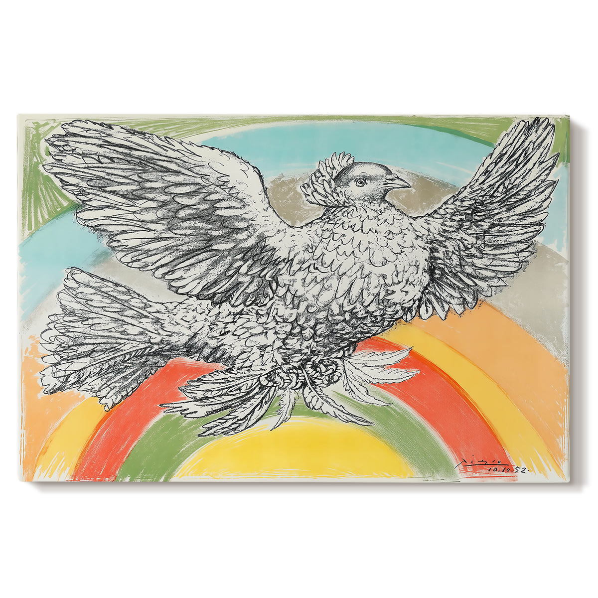 Canvas art print portraying a simplified dove in flight above rainbow arc, set against a white background