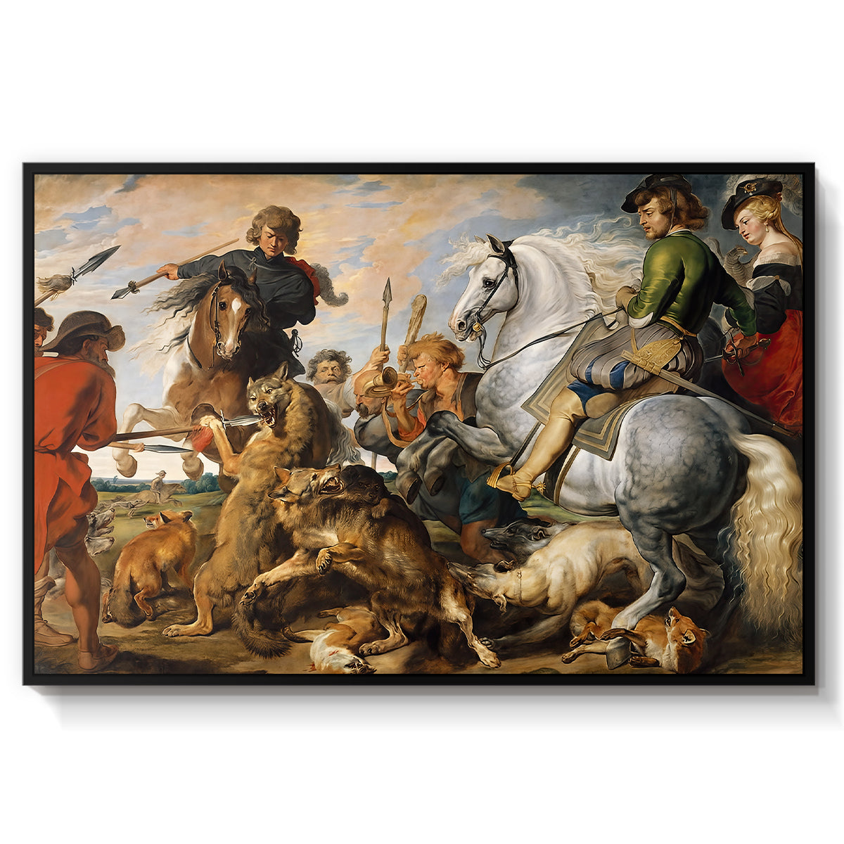 The Wolf and Fox Hunt, c. 1616 - Floater Framed Canvas Print