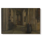 Canvas art print portraying a quiet church interior with columns, arches, and soft light, set against a white background