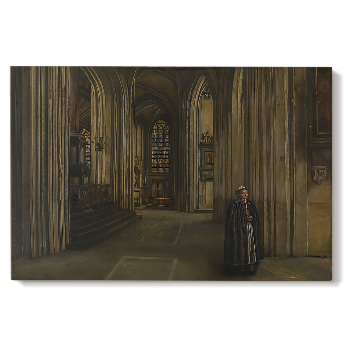 Canvas art print portraying a quiet church interior with columns, arches, and soft light, set against a white background