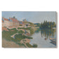 Canvas art print portraying a hillside town overlooking river with buildings and terrain, set against a white background