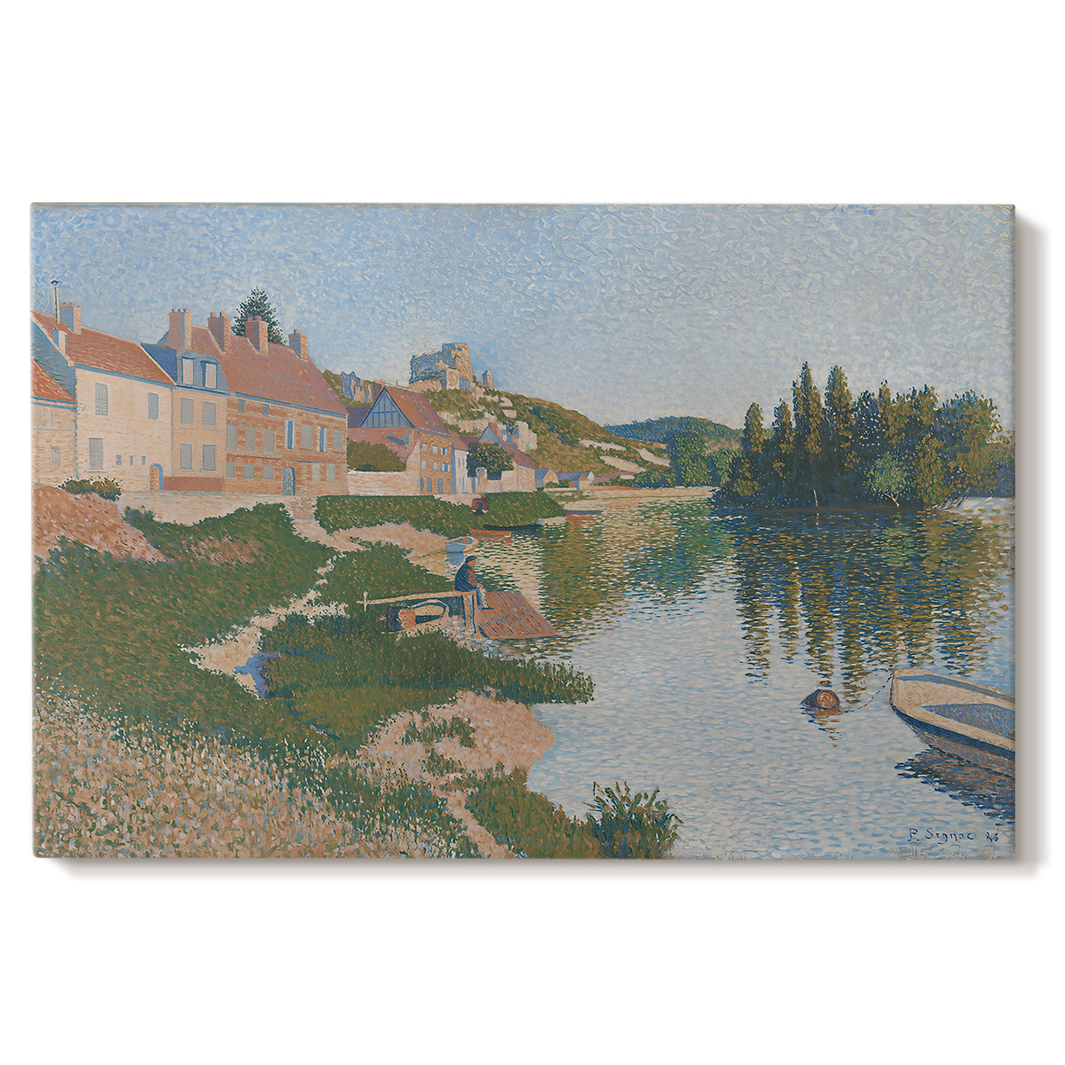Canvas art print portraying a hillside town overlooking river with buildings and terrain, set against a white background